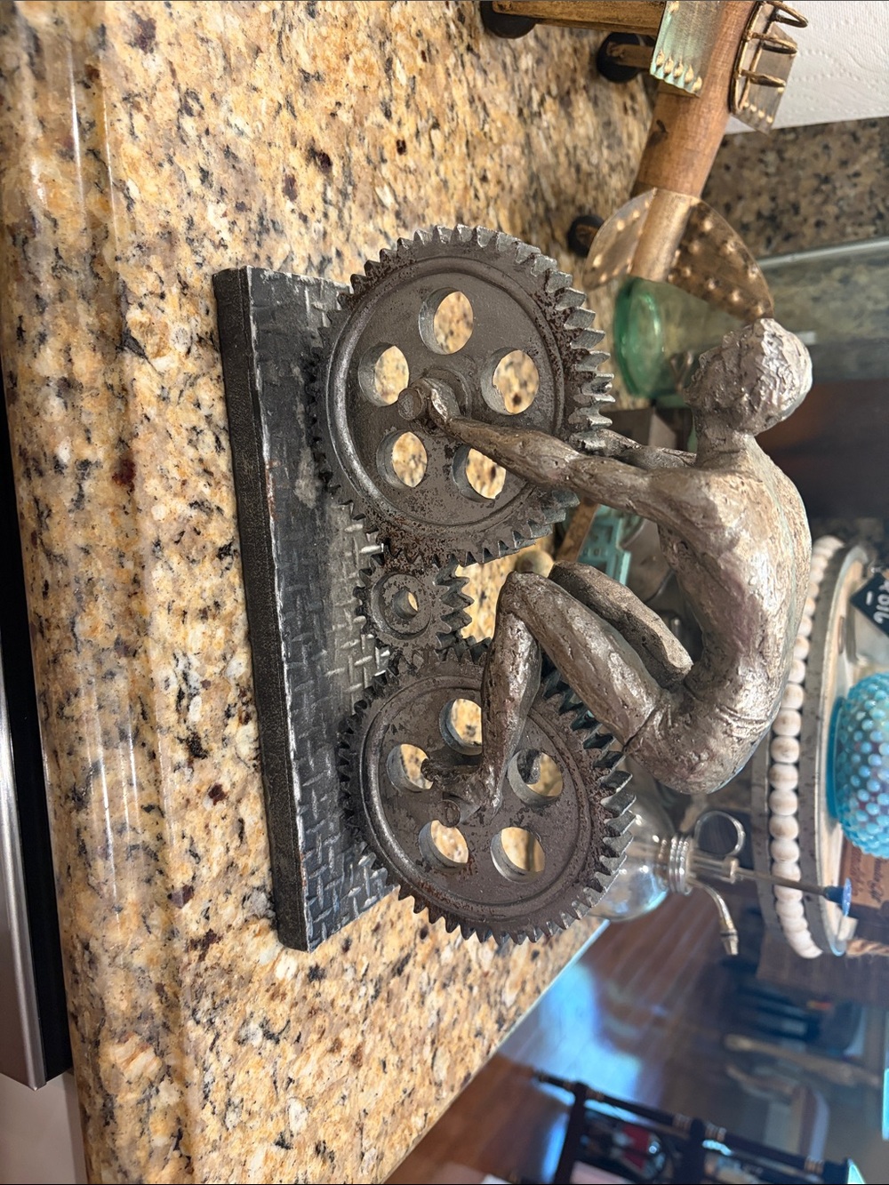 Industrial Metal Gear Sculpture in Metallic Gray